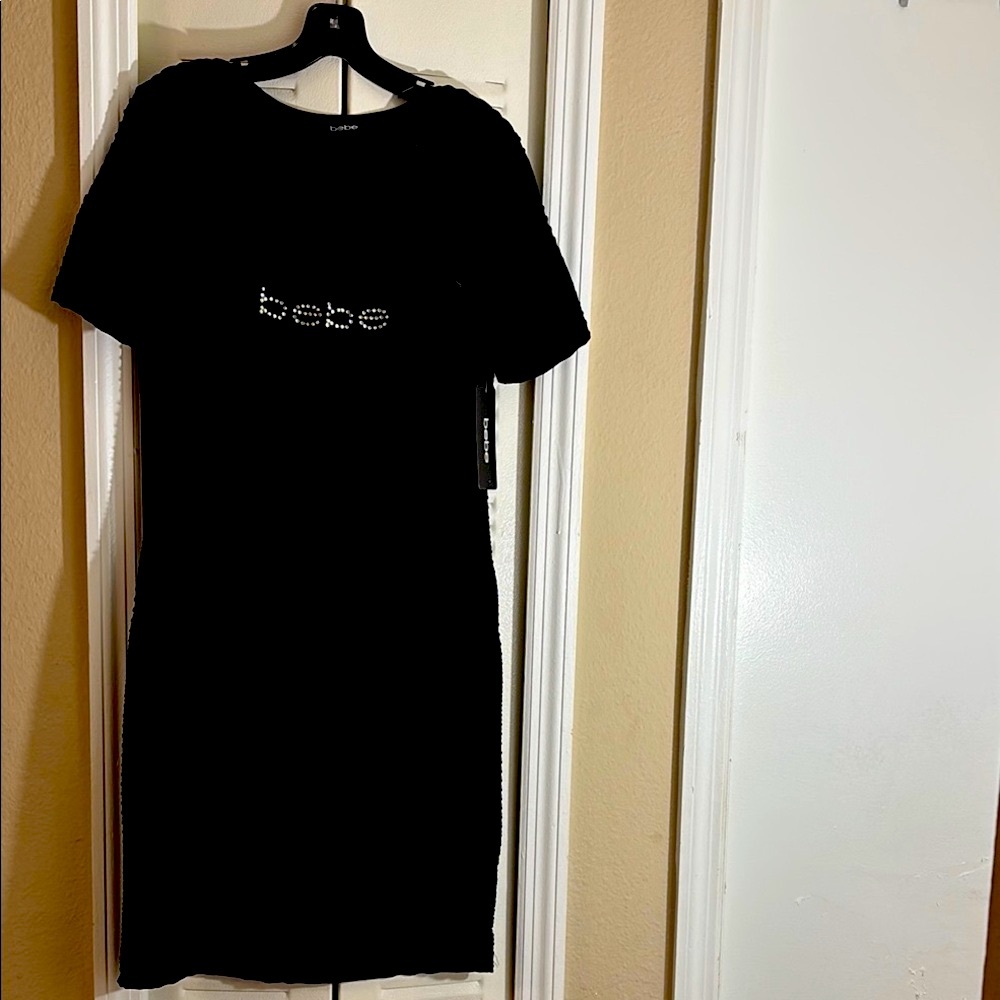 Bebe Black Midi Dress Crew Neck Short Sleeve Sheath